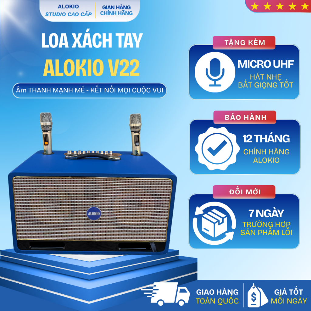 Loa Kéo Karaoke Alokio V22 Màu Xanh - Chính Hãng - 800W - 2 Bass 20 - Bluetooth - Tặng 2 Micro UHF