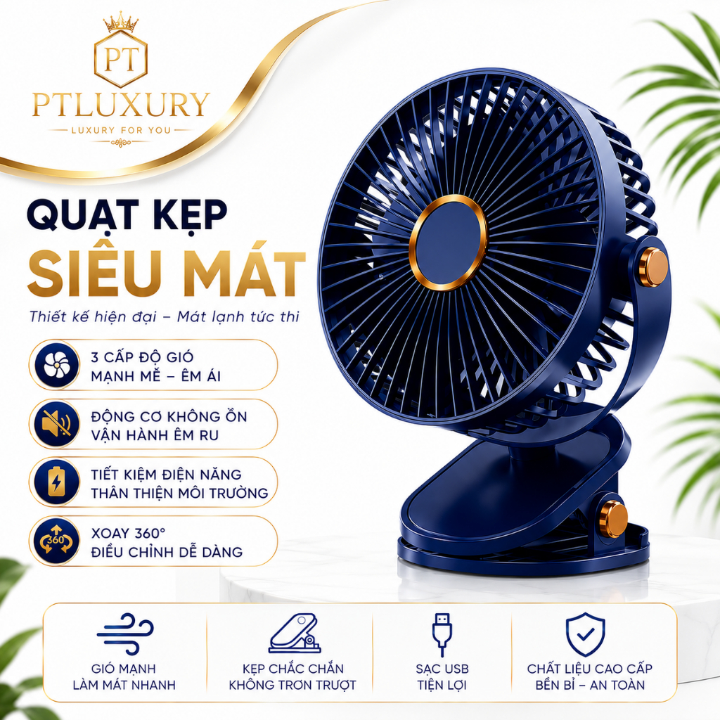Quạt tích điện PTLUXURY kẹp bàn mini để bàn có đèn led pin 5000 MHA Và 10000 MHA