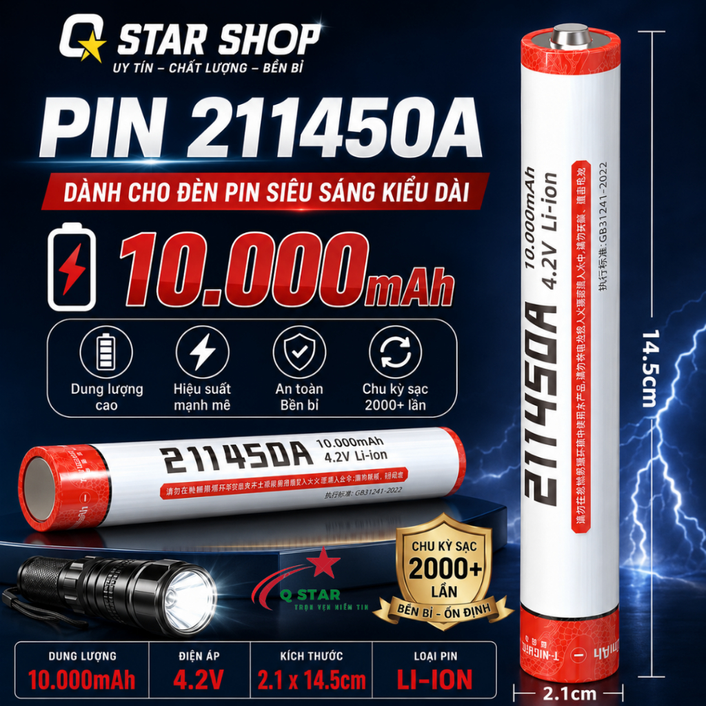 Sell Pin 211450A Dung Lượng 10.000mah Điện Áp 3.7V Đến 4.2V Chuyên Dùng Cho Đèn Pin Cầm Tay Siêu Sán