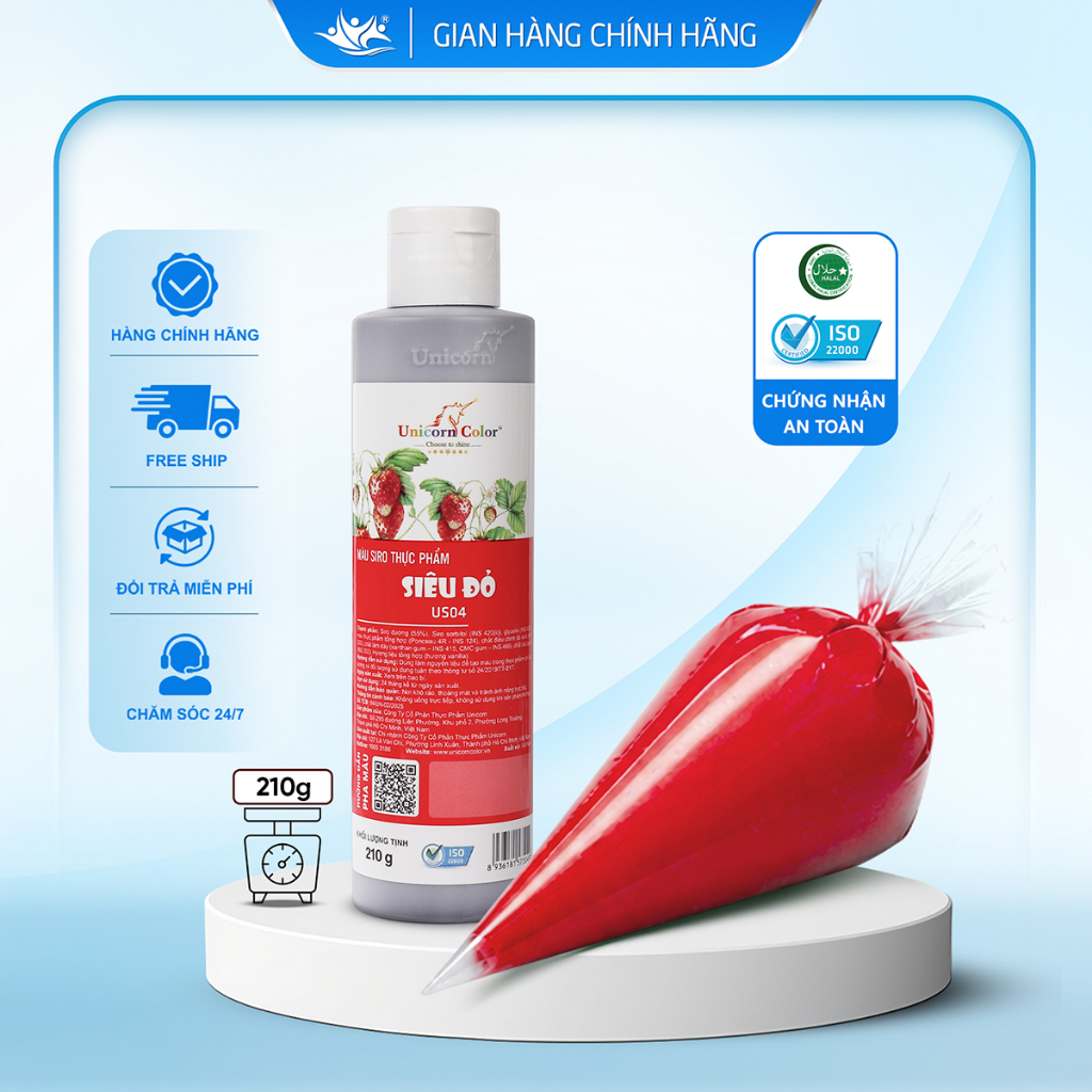Màu Siro Thực Phẩm Siêu Đỏ Unicorn Color, Màu Làm Bánh Không Đắng Chai 210g - Unicorn Color 210g