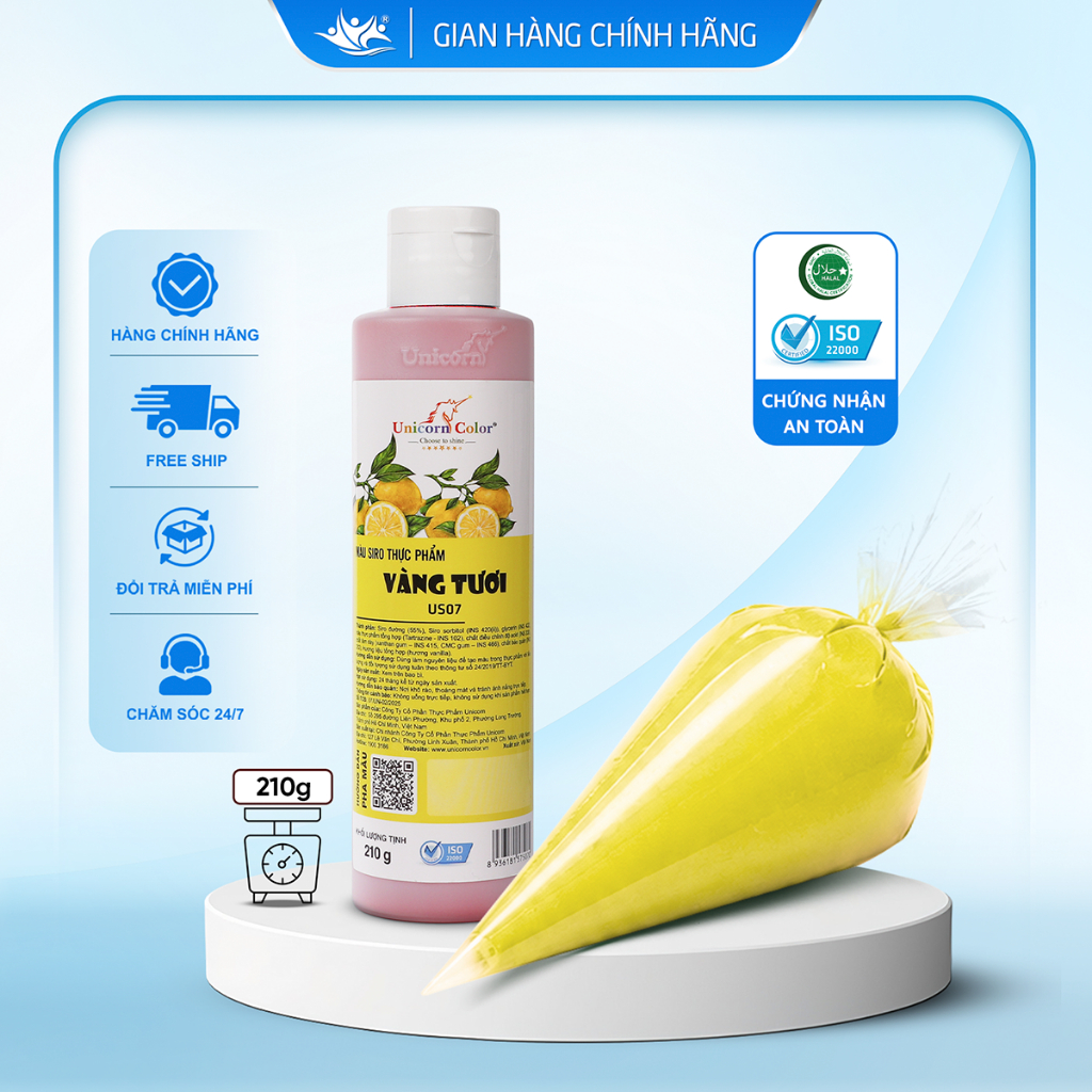 Màu Siro Thực Phẩm Vàng Tươi Unicorn Color, Màu Làm Bánh Không Đắng Chai 210g - Unicorn Color 210g