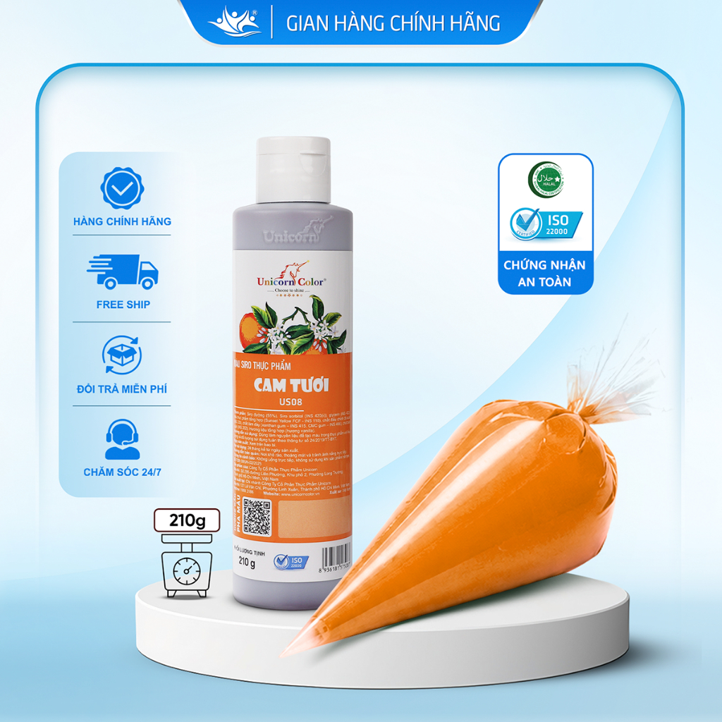 Màu Siro Thực Phẩm Cam Tươi Unicorn Color, Màu Làm Bánh Không Đắng Chai 210g - Unicorn Color 210g