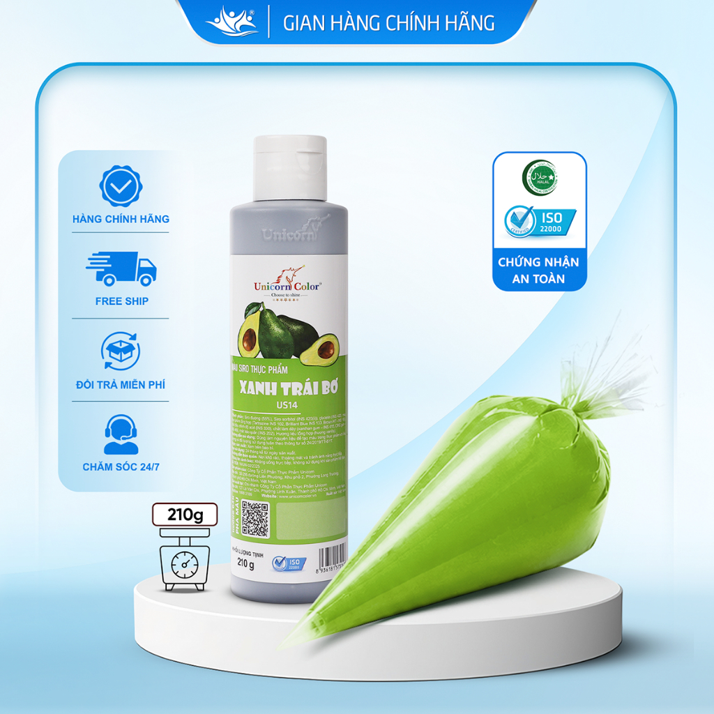 Màu Siro Thực Phẩm Xanh Trái Bơ Unicorn Color, Màu Làm Bánh Không Đắng 210g - Unicorn Color 210g