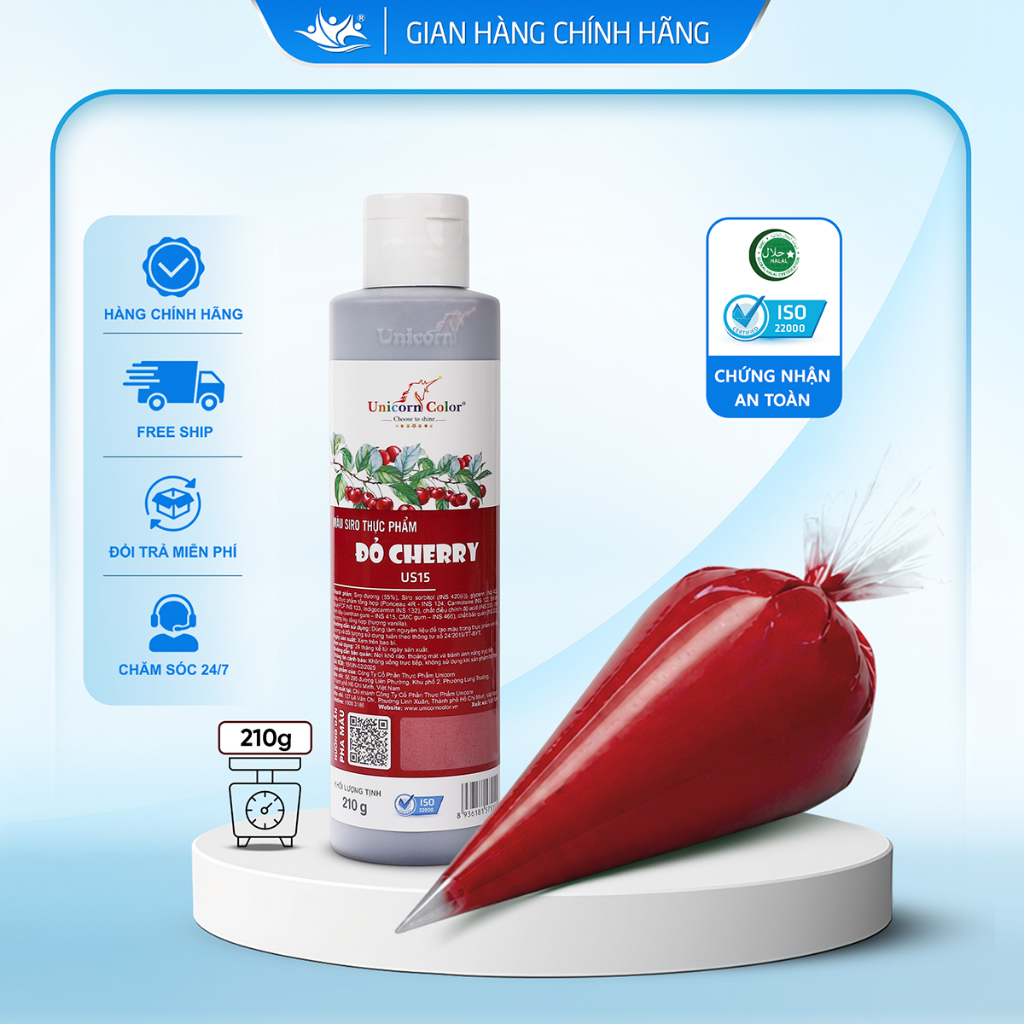 Màu Siro Thực Phẩm Đỏ Cherry Unicorn Color, Màu Làm Bánh Không Đắng Chai 210g - Unicorn Color 210g