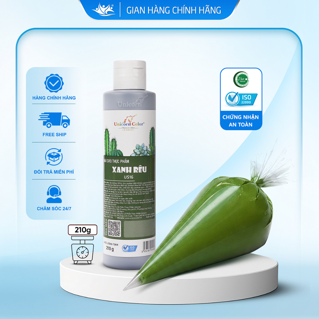 Màu Siro Thực Phẩm Xanh Rêu Unicorn Color, Màu Làm Bánh Không Đắng Chai 210g - Unicorn Color 210g