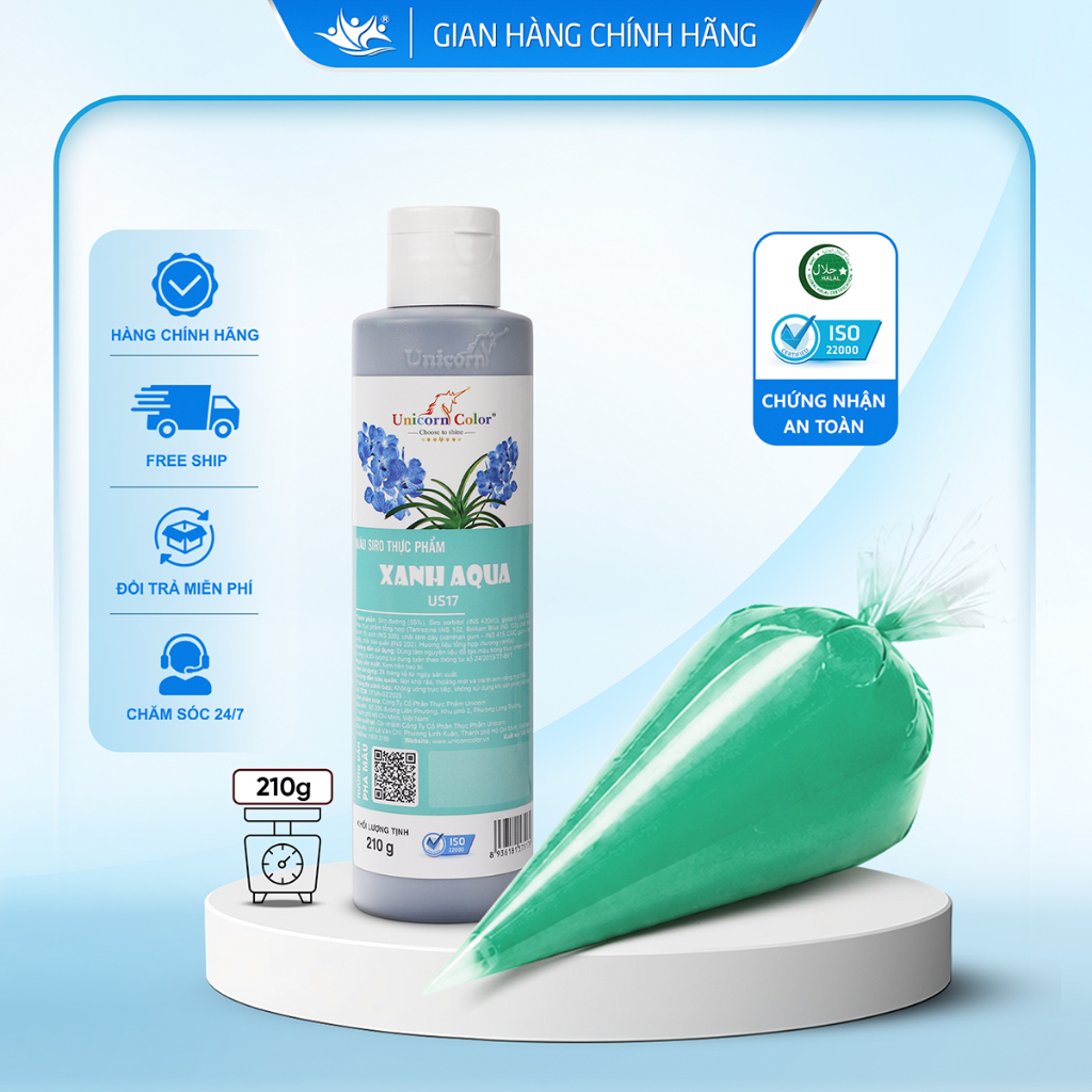 Màu Siro Thực Phẩm Xanh Aqua Unicorn Color, Màu Làm Bánh Không Đắng Chai 210g - Unicorn Color 210g