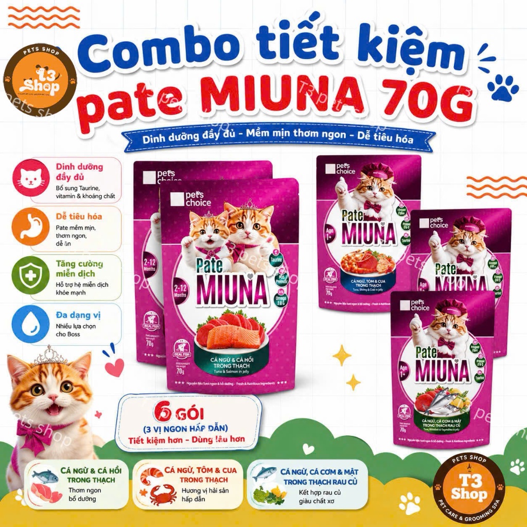 combo tiết kiệm 12 gói - 24 gói Pate Miuna 70gr cá ngừ dạng thạch dành cho mèo trưởng thành và mèo c
