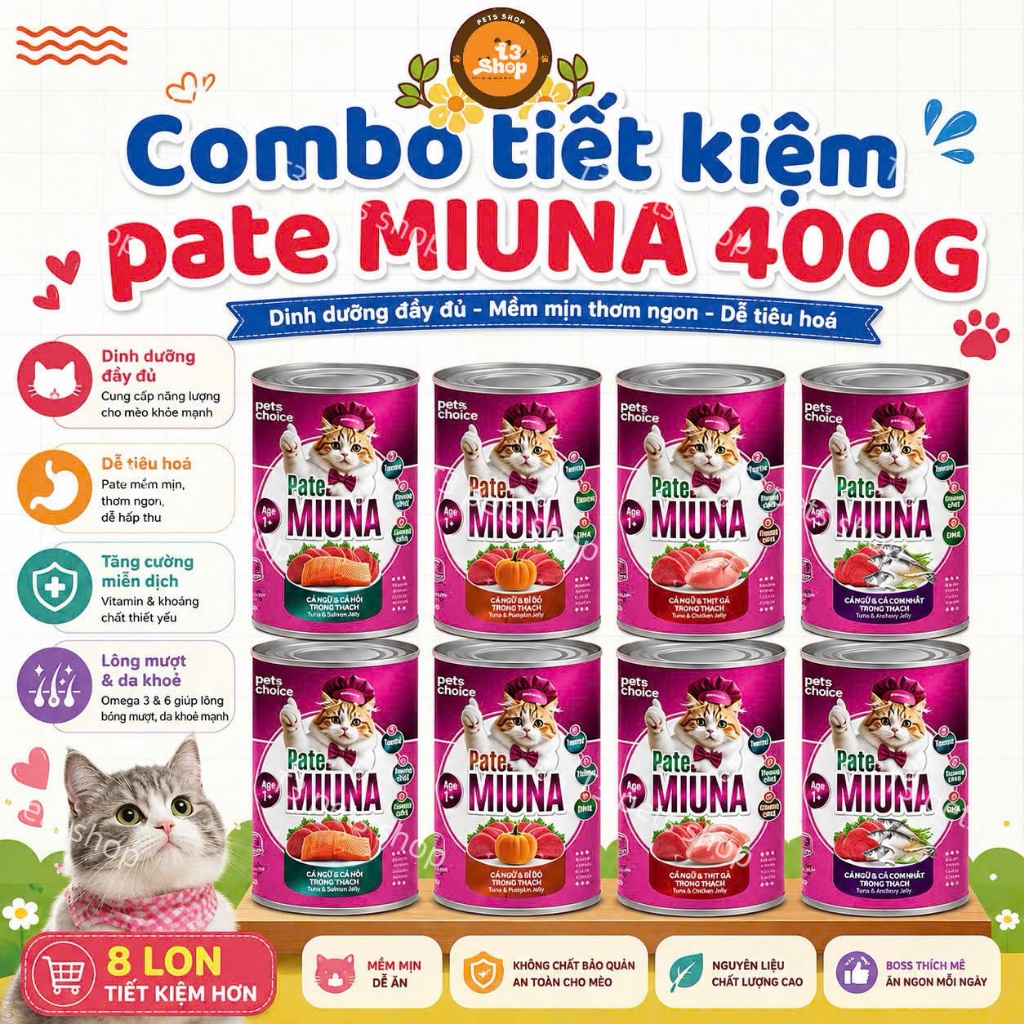 combo 6 lon - 12 lon - 24 lon pate MIUNA 400gr chuyên về cá ngừ dành cho mèo - T3 PETS SHOP