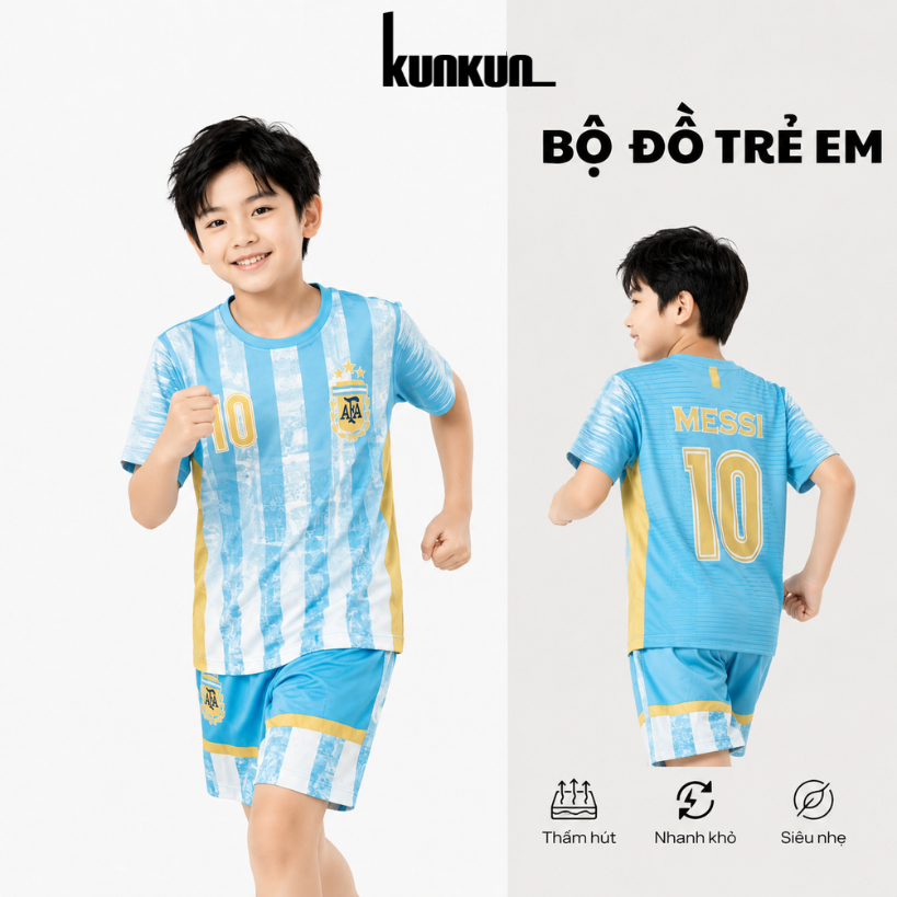 Đồ bộ thể thao bé trai in 3D Cầu Thủ số 10 Messi màu xanh  - Đá bạn, bóng rổ TP1290 - Kunkun Kids