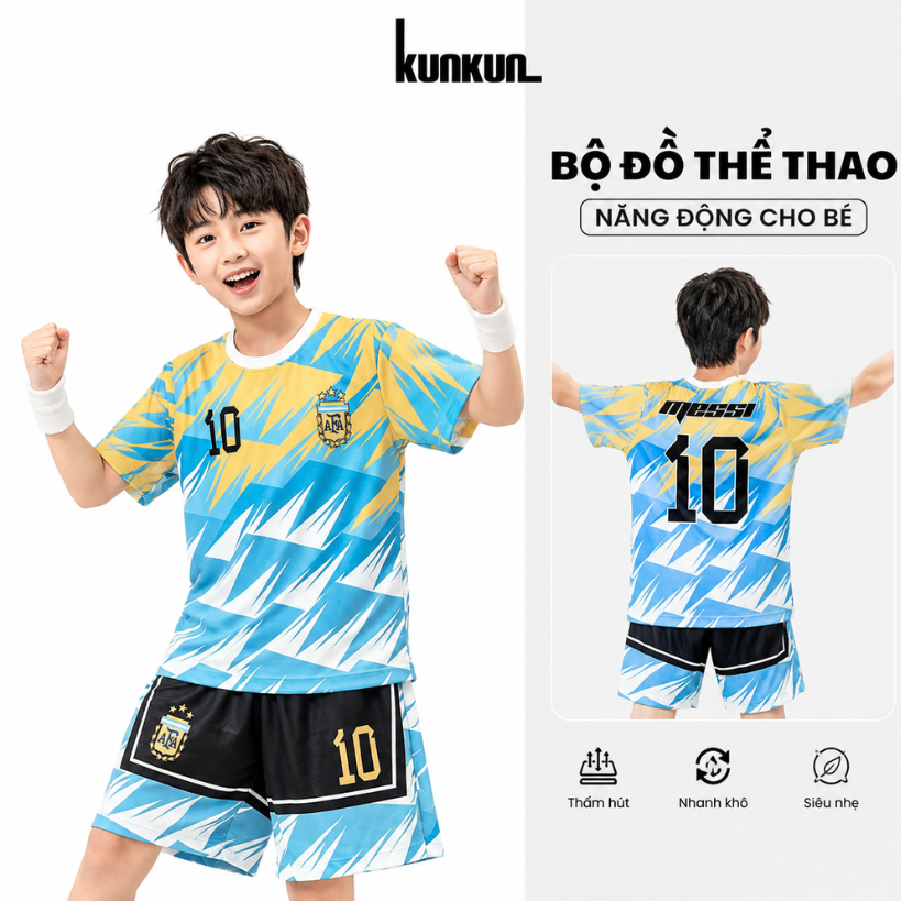 Đồ bộ thể thao bé trai in 3D Cầu Thủ số 10 Messi màu xanh sọc đen - bóng rổ TP1292 - Kunkun Kids