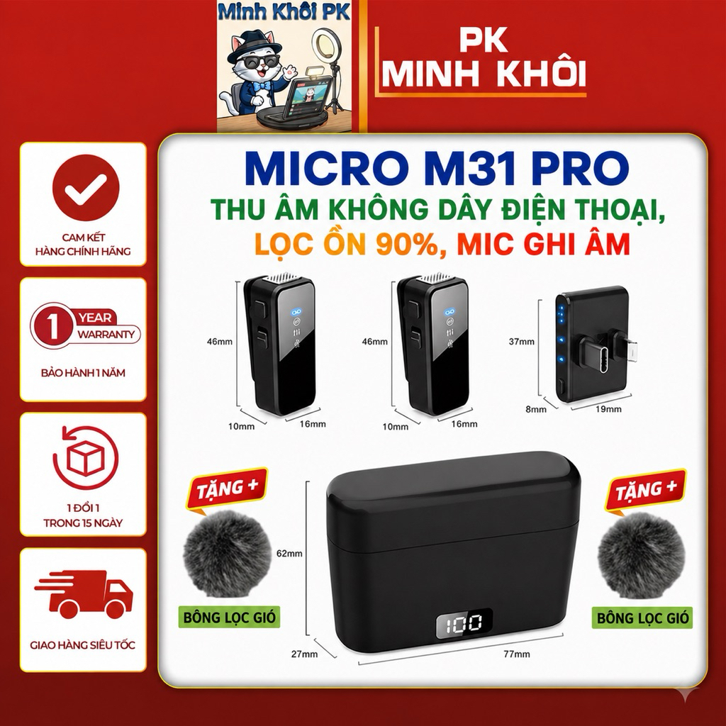 Micro Thu Âm M31, M31 Pro Thu Âm Không Dây Điện Thoại  Hỗ Trợ Lọc Ồn 90%