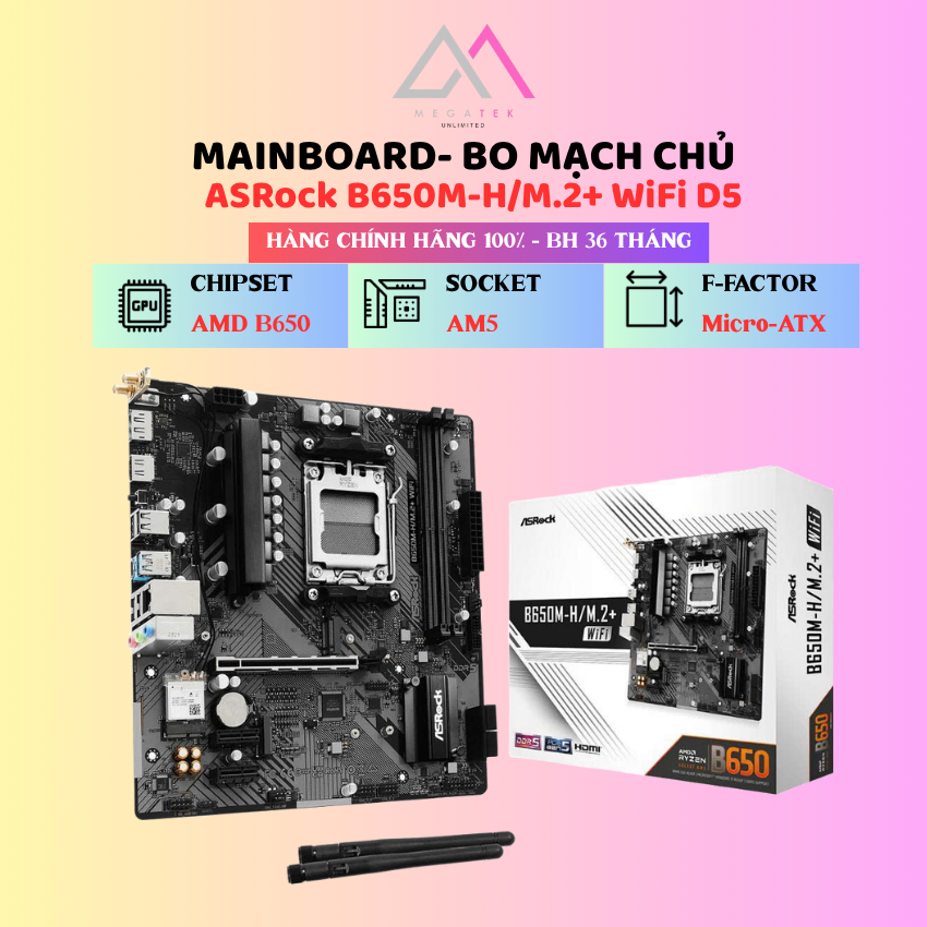 Mainboard Asrock B650M-H/M.2+ (AMD B650, AM5, Micro ATX, 2×DDR5) - Chính hãng - BH 36 Tháng
