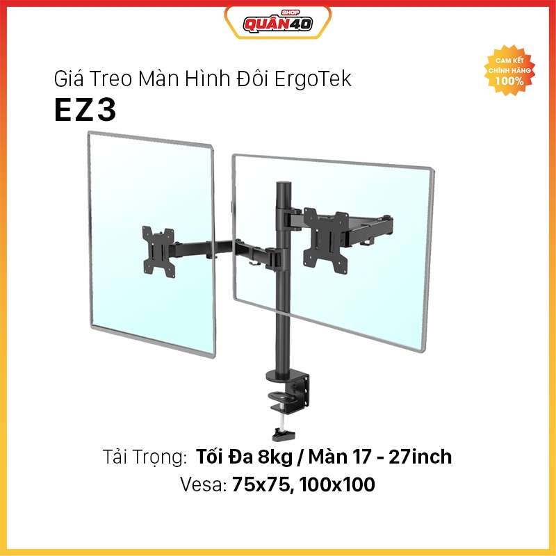 Giá Treo Màn Hình Đôi Kẹp Bàn ErgoTek EZ3 | Treo Màn 17 - 27inch | Chuẩn Vesa - Hàng Chính Hãng