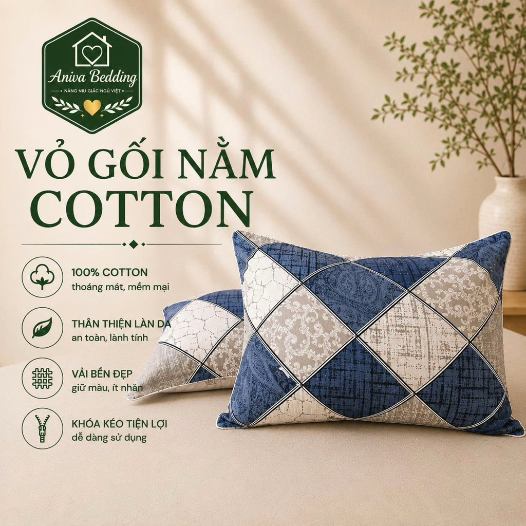 Vỏ Gối Nằm Cotton Thắng Lợi Aniva Bedding Size 40x60, 50x70 - Áo Gối Cotton Mềm Mịn, Thoáng Khí, Bền