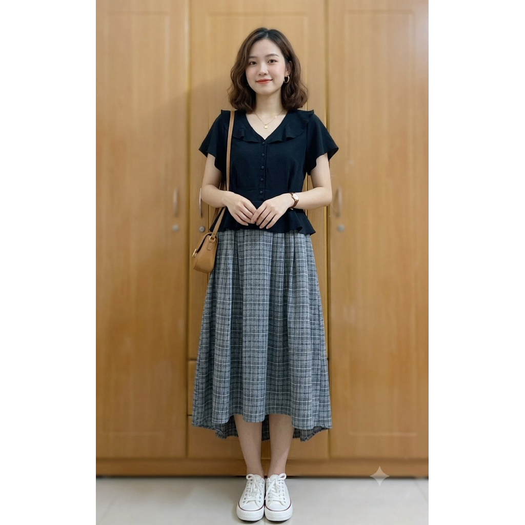 Đầm váy 2hand Nhật Axes Femme đen kẻ maxi dáng dài