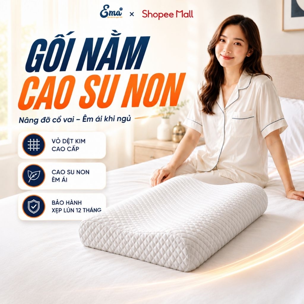 Gối Ngủ Cao Su Non EMA - Gối Đầu Cao Su Non Người Lớn Dáng Lượn Sóng Sợi Tre Thoáng Khí Cao Cấp | BigBuy360 - bigbuy360.vn