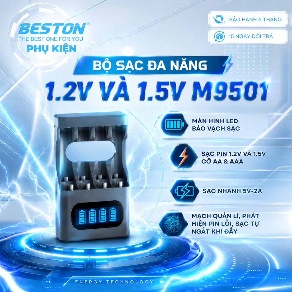 Bộ sạc pin M9501 BESTON AA/AAA 1.2V & 1.5V, cổng sạc USB-C Sạc nhanh Tự ngắt