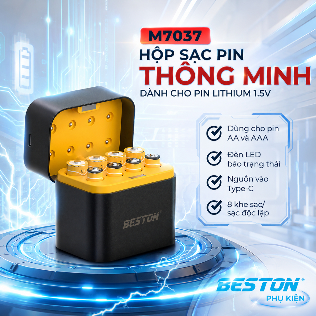 Hộp sạc pin M7037 thương hiệu Beston sạc cho cả pin 2A 3A 1.5V, tiện lợi, thuận tiện mang đi du lịch