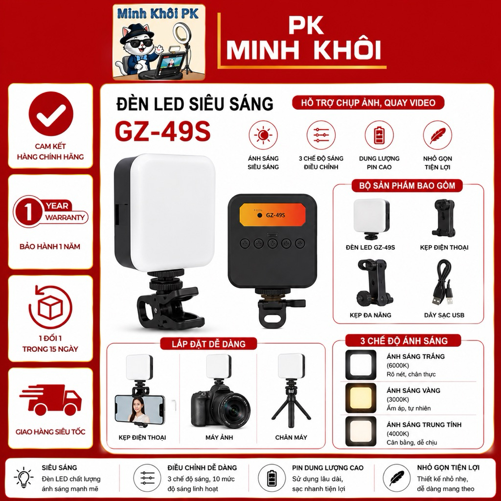 Đèn Led Siêu Sáng GZ-49S Hỗ Trợ Ánh Sáng , Hỗ Trợ Chụp Ảnh, Quay Video, Livestream