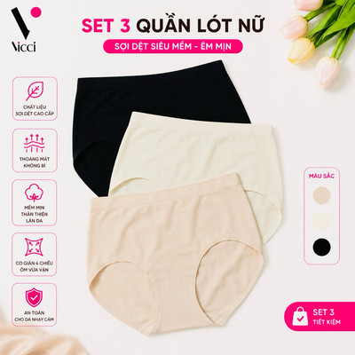 Set 3 quần lót nữ Vicci QV.34 sợi dệt lưng cao gen nhẹ mềm mại, kháng khuẩn khử mùi