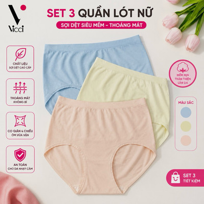 Set 3 quần lót cạp cao gen nhẹ Vicci mềm mại, êm ái, kháng khuẩn khử mùi nhiều màu QV.32