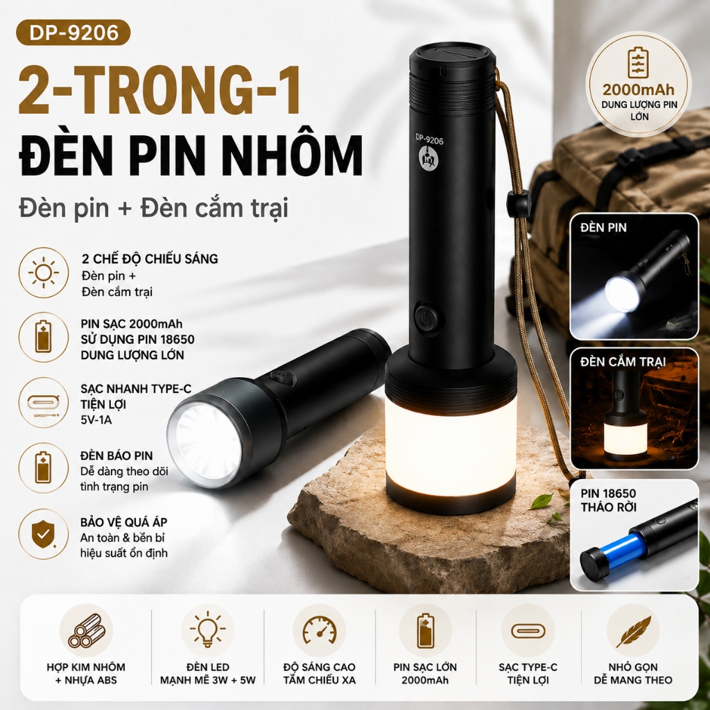 Đèn Pin LED Sạc Type-C DP-9206 2 Trong 1 Đèn Pin & Đèn Cắm Trại Hợp Kim Nhôm Pin 2000mAh 18650