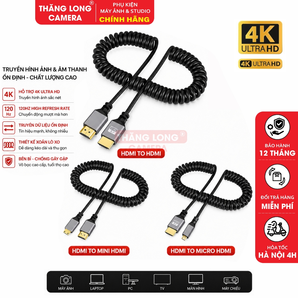 Cáp HDMI 2.1 4K 60Hz Dây Lò Xo Co Giãn 0.5-1.2M HDMI to HDMI / HDMI to Mini HDMI / HDMI to Micro HDM