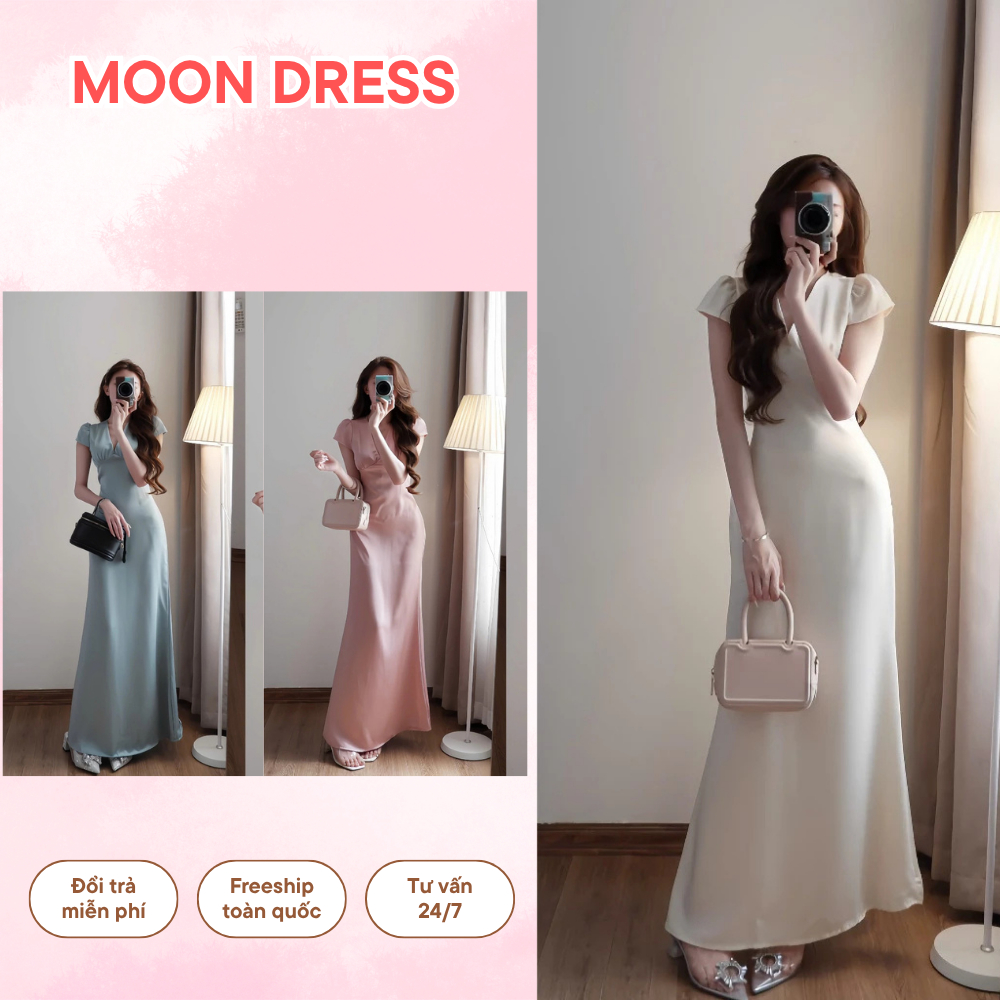 Váy Lụa Cổ V Dáng Dài Tay Ngắn Chiết Eo Đi Tiệc Đi Chơi Đi Biển Phong Cách Tiểu Thư Hàn Quốc Sang Ch