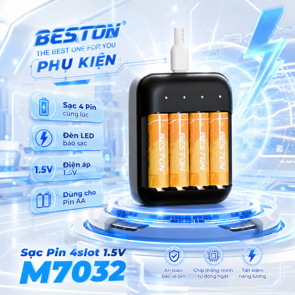 Bộ sạc pin Beston M7032 phù hợp cho cả pin 2A 3A 1.5V