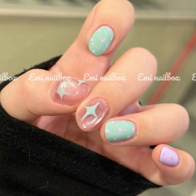 E37 Nailbox nền xanh- tím pastel, mắt mèo hồng siêu sáng Eminailbox