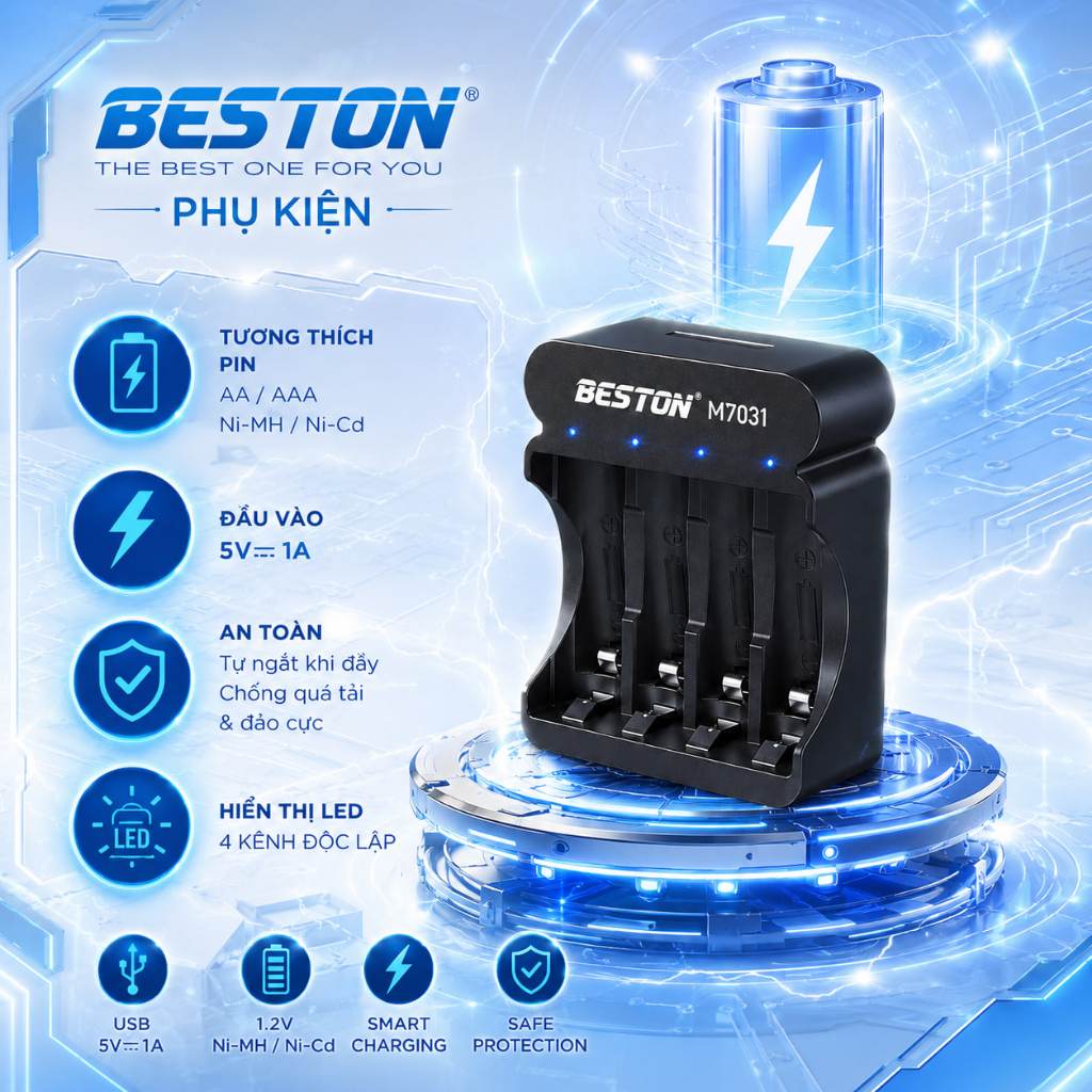Bộ sạc Pin Beston M7031 sạc cho pin 2A và 3A Lithium 1.5V