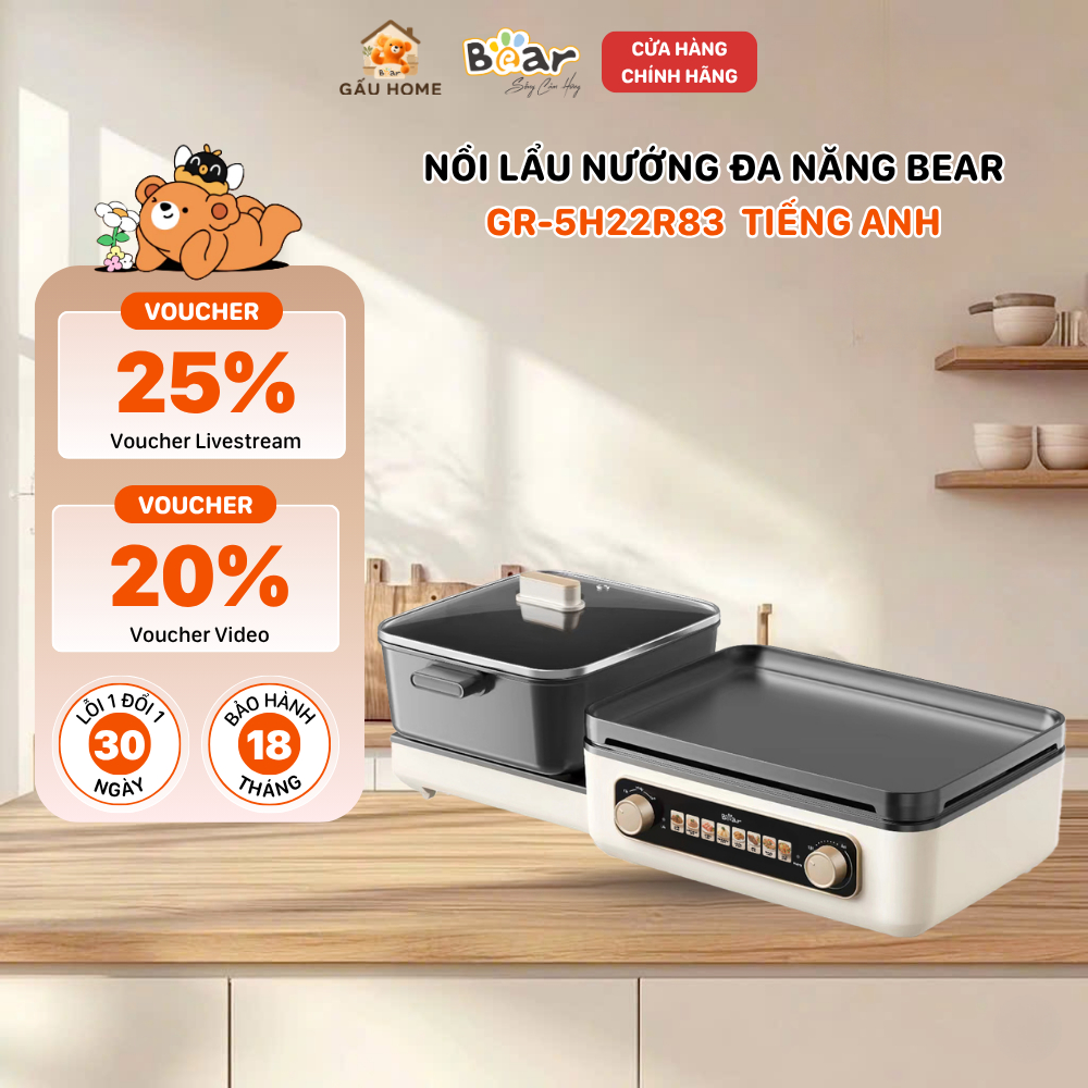 Nồi Lẩu Nướng Đa Năng Bear Chiên Nướng Nấu Lẩu Hầm Xào Chống Dính Cao Cấp GR-5H22R83
