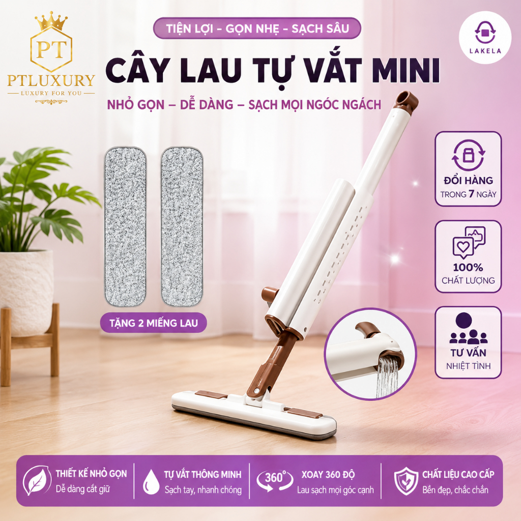 Cây Lau Tự Vắt Mini Đa Năng Kèm 2 Bông Lau , Cây Lau Bàn Bếp Cầm Tay Nhỏ Gọn Tiện Lợi, Có Gạt Nước -