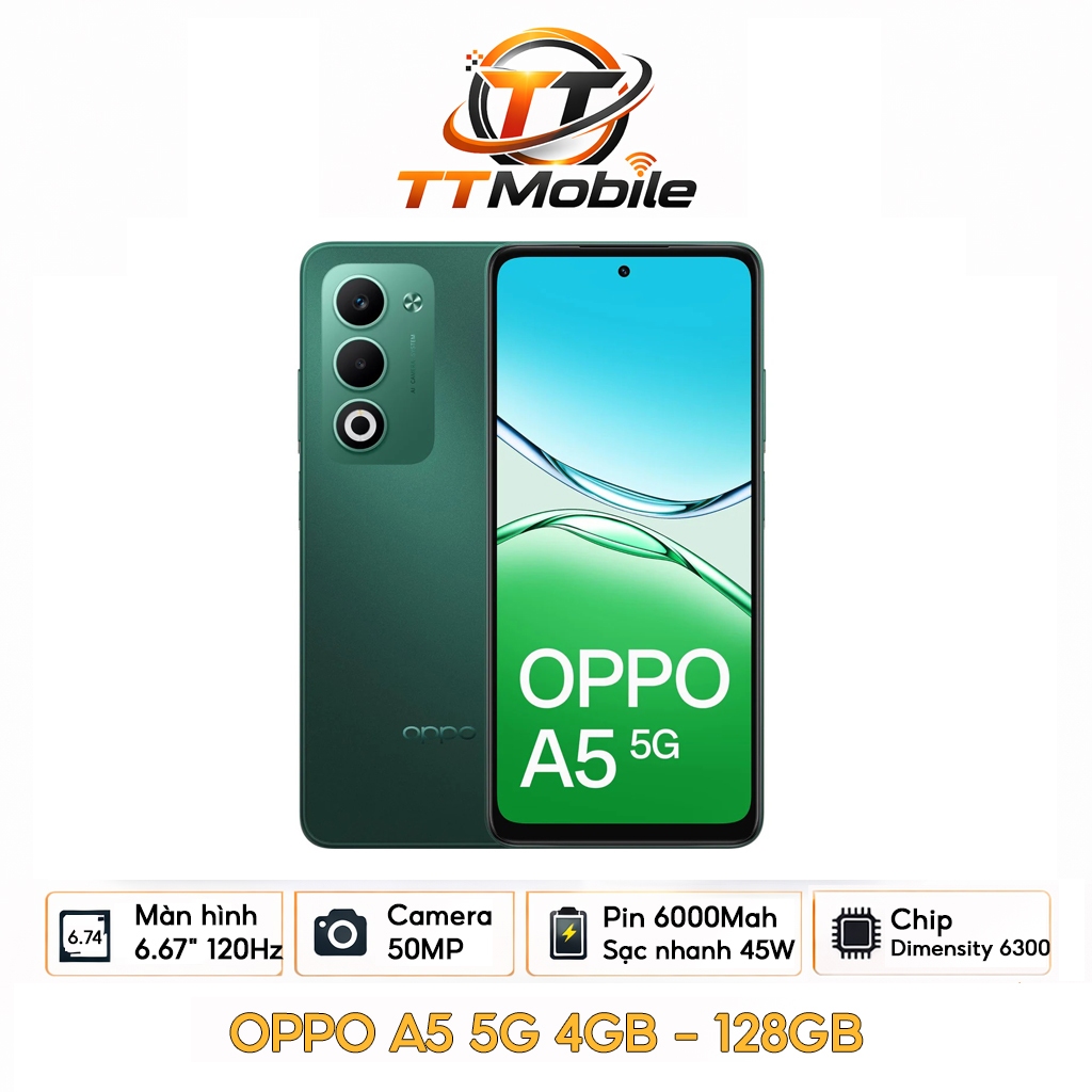 Điện thoại Oppo A5 5G 4GB/128GB Mediatek Dimensity 6300,Pin 6000,Sạc nhanh 45W - Hàng nhập khẩu Nhật