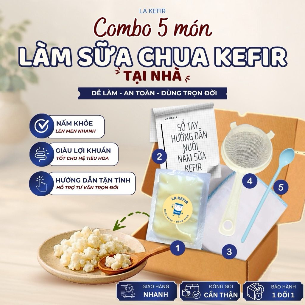 Combo 5 Món Làm Sữa Chua Kefir Tại Nhà | Nấm Sữa Kefir +  Bộ Dụng Cụ & Hướng Dẫn Chi Tiết