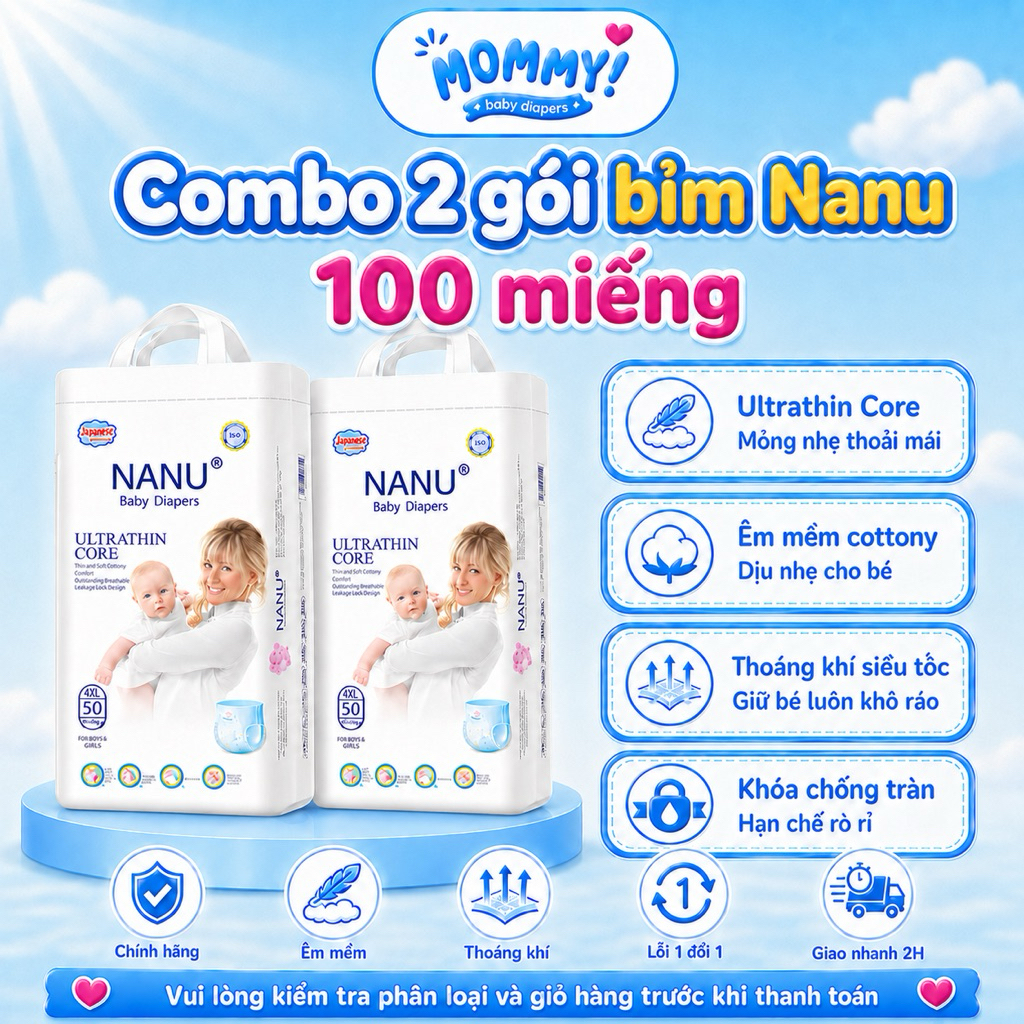 [COMBO 2 GÓI 100 MIẾNG] Tã/Bỉm NANU mới đủ size M100/L100/XL100/XXL100/XXXL100/4XL100/5XL100....