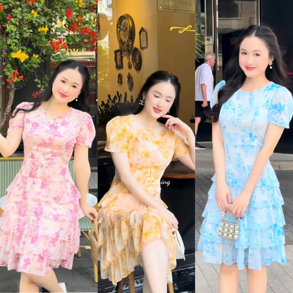 [3T CLOTHING] Đầm Nữ Hoa Voan Tơ 3D Dáng Xòe Tầng Cao Cấp, Váy Dự Tiệc Tôn Dáng BigSize 40-70kg B76