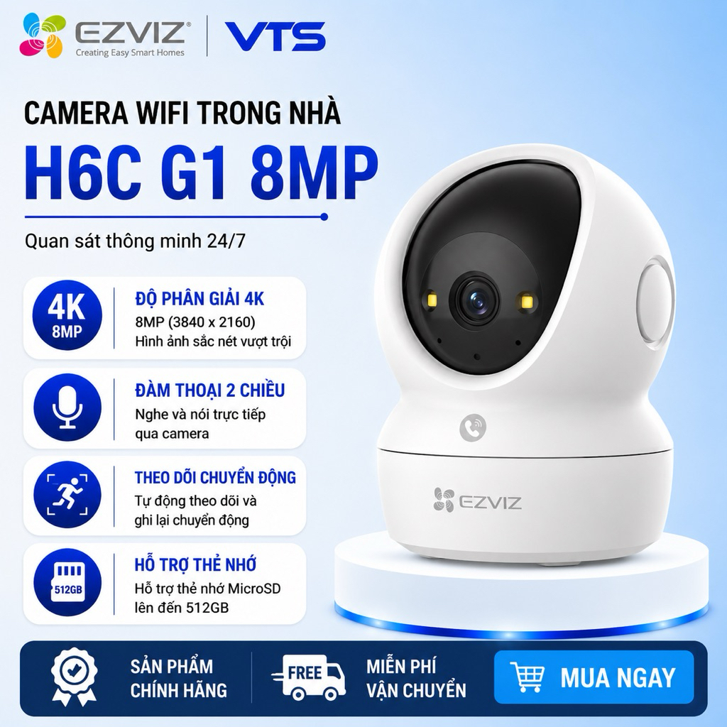 Camera Wifi EZVIZ H6C PRO 4MP/H6C G1 8MP/C6N G1 8MP, Xoay 360 Độ, Xoay Dọc 85 Độ, Đàm Thoại 2 Chiều