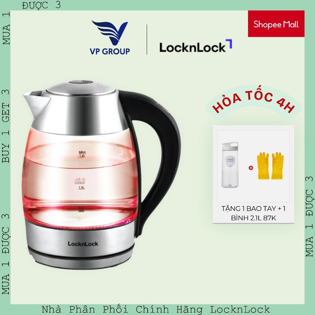 Ấm đun nước dùng điện bằng thủy tinh, hiệu LocknLock 1.8L, 220-240V, 50/60Hz, 1850-2200W - EJK341