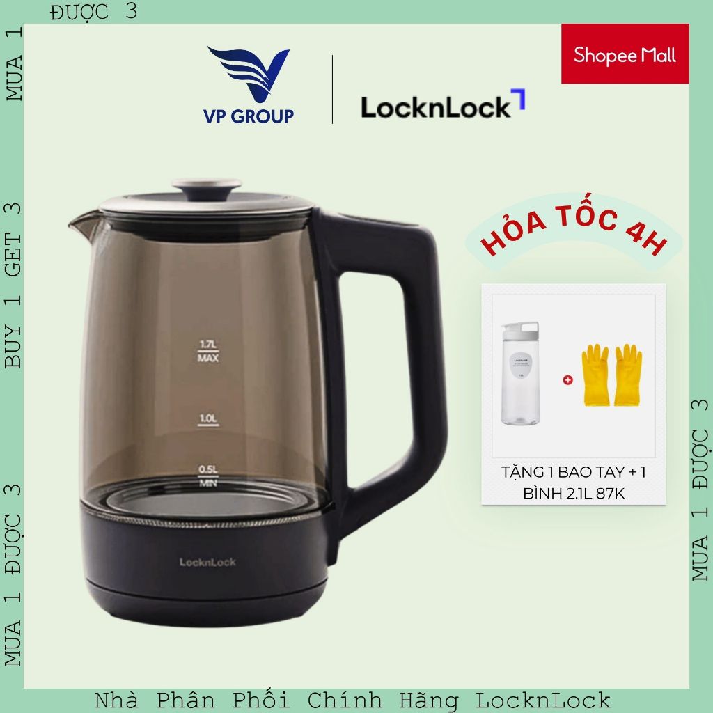 Ấm đun siêu tốc Locknlock Smart glow glass electric kettle 1.7L - EJK276GRY (Màu xám)