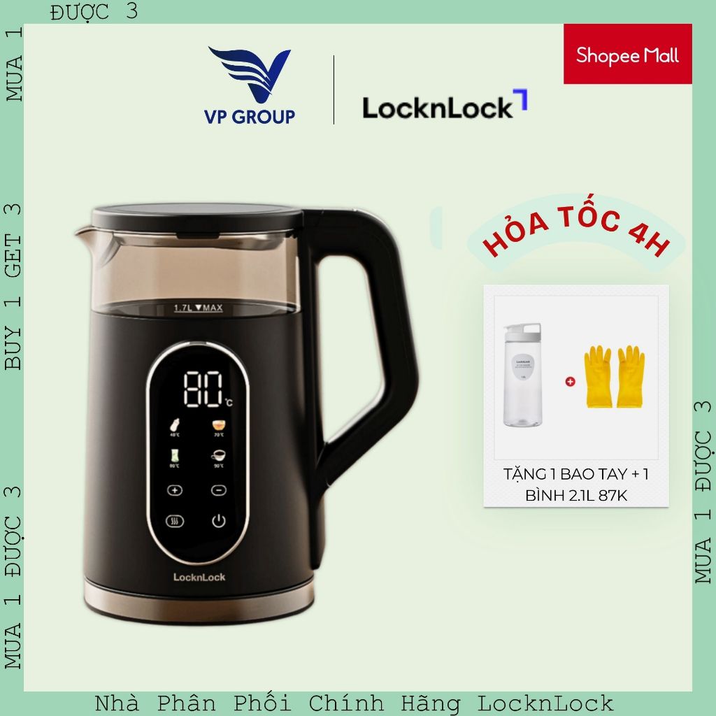 Ấm đun siêu tốc Locknlock Chính Hãng Digital electric kettle 1.7L- Màu đen - EJK286BLK