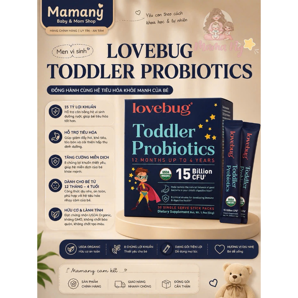 MEN VI SINH LOVEBUG TODDLERS PROBIOTICS 1–4 TUỔI (30 gói/54g)