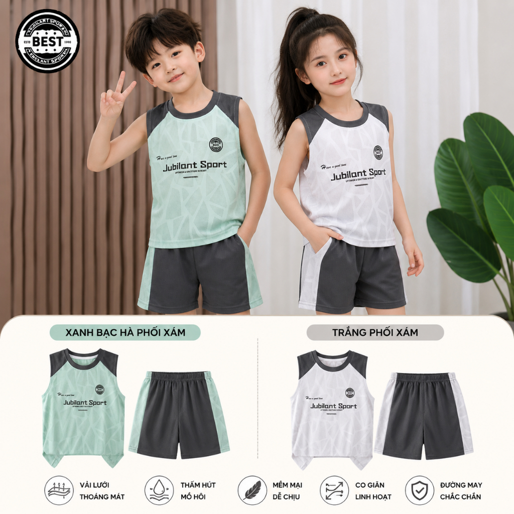 Bộ Đồ Ba Lỗ Thể Thao Sát Nách Trẻ Em Cao Cấp  Chất Thun Thông Hơi Thoáng Mát Thấm Hút Mồ Hôi, Năng Đ