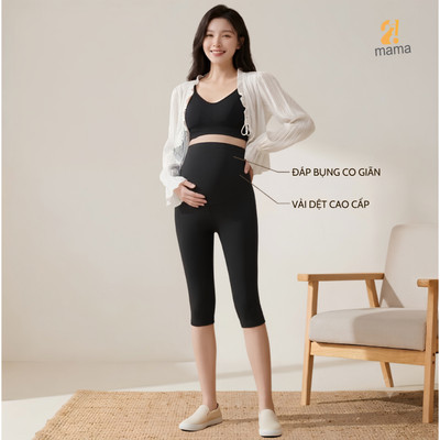 Quần legging bầu 2mama dáng lửng, chất thun zip co giãn 4 chiều, có đáp bụng và chun điều chỉnh thích hợp cho mùa hè