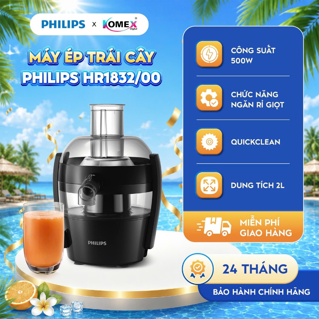 Máy ép trái cây Philips HR1832/00 - 500W, QuickClean làm sạch nhanh, Bảo hành 2 năm