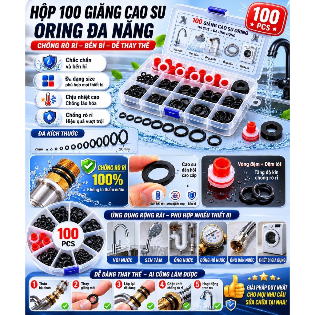 Hộp 100 Gioăng Cao Su Oring Đa Năng Smarttool – Ron Cao Su Kín Nước Vòi Sen, Lavabo