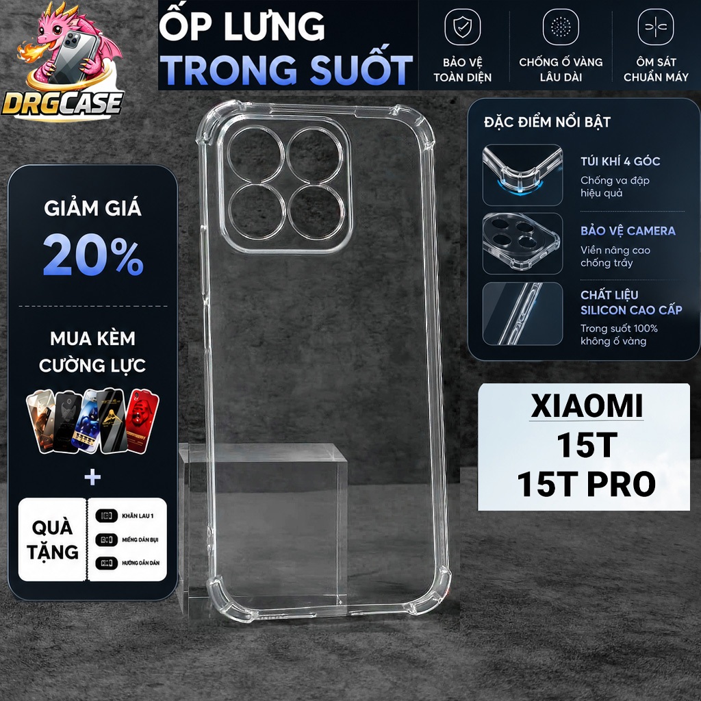 Ốp lưng Xiaomi 15T, 15T Pro 5G Dragoncase trơn trong suốt | Ốp điện thoại Xiaomi dẻo bảo vệ camera đ