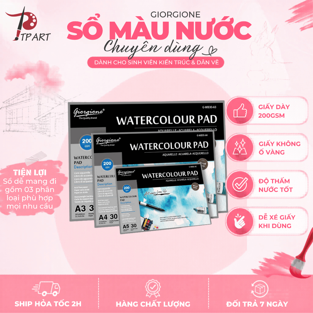 Sổ vẽ, sách vẽ, giấy vẽ màu nước Giorgione 200gram các loại giấy A5/A4/A3 – Watercolour Pad