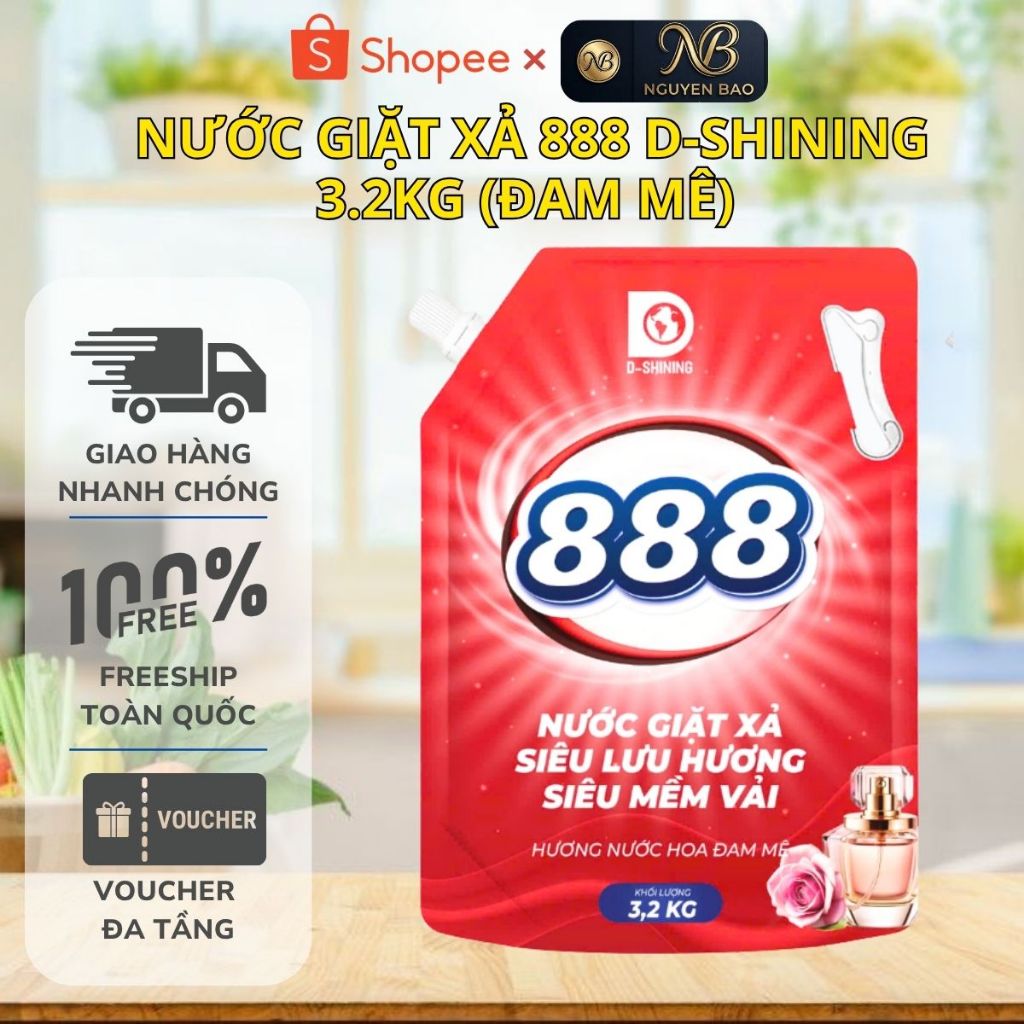 [CHÍNH HÃNG] Nước Giặt Xả 888 D-Shining 3.2kg Hương Đam Mê - Siêu Mềm Vải, Dùng Cho Giặt