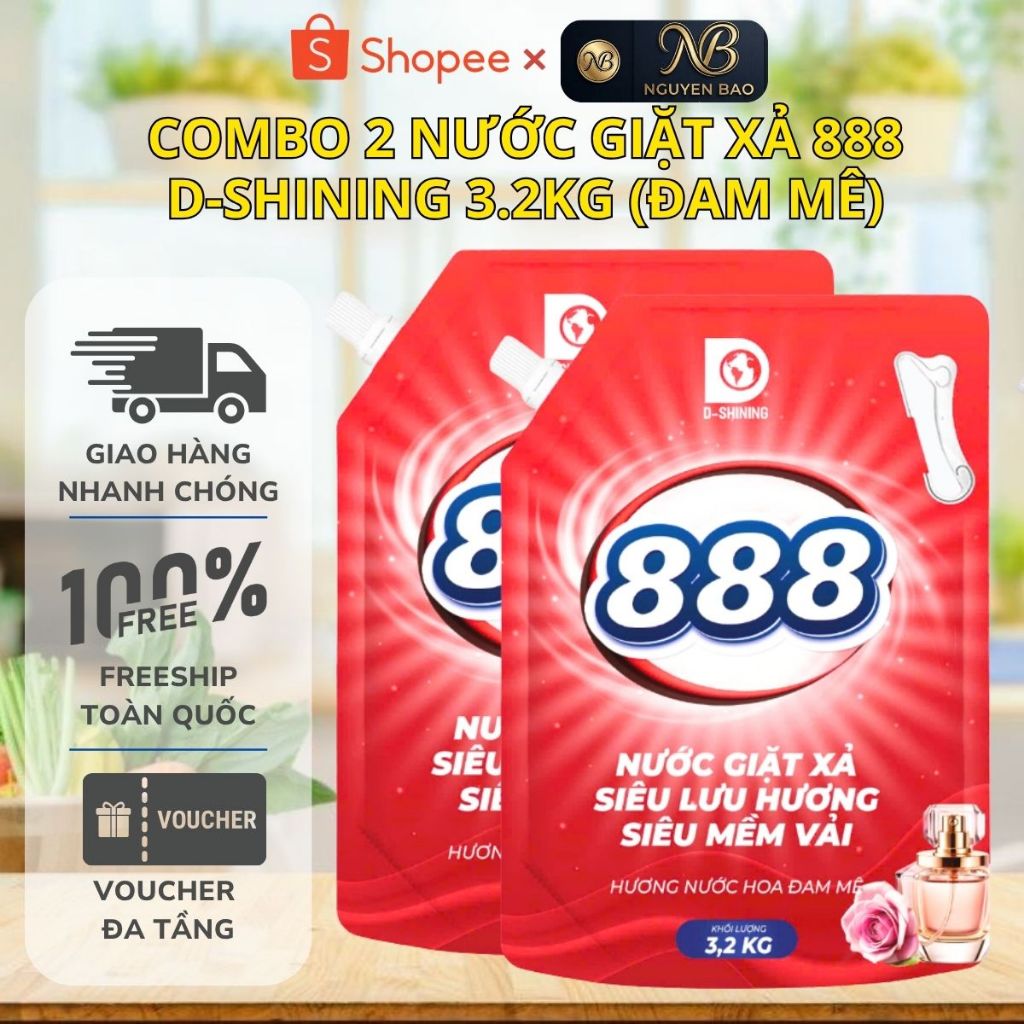 [COMBO 2] Nước Giặt Xả 888 D-Shining 3.2kg Hương Đam mê - Siêu Mềm Vải, Dùng Cho Giặt